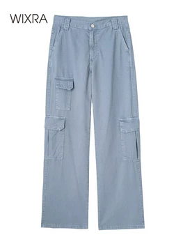 Женские брюки-карго Wixra с карманом, синие Прямые брюки на молнии с высокой талией, весенне-летние повседневные свободные брюки для Хай-стрит 0