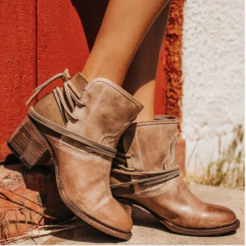 Женские винтажные ботильоны, женские ботинки на высоком массивном каблуке, женские ботинки на шнуровке, женская римская обувь, женская повседневная обувь в стиле ретро, tyh6
