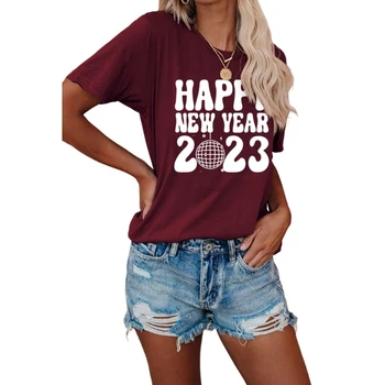 Женские милые забавные футболки с Новым годом, Летний повседневный топ с коротким рукавом, пуловер с круглым вырезом, пляжная блузка свободного кроя M6CD