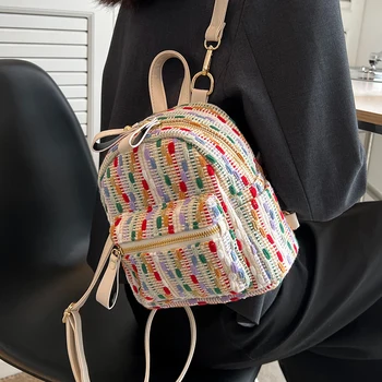 Женские мини-рюкзаки, многоцветная вязаная сумка через плечо в стиле пэчворк, Повседневный портативный рюкзак для путешествий большой емкости