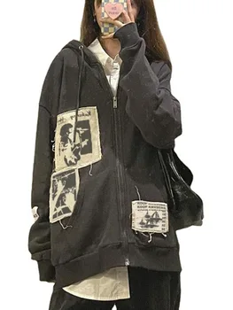 Женские уличные коричневые граффити с принтом на молнии, винтажные топы, толстовки с капюшоном, толстовки, блузки kawaii, одежда в стиле гранж y2k, осенние куртки