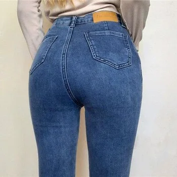 Женские эластичные джинсы с высокой талией, узкие брюки-футляр, синие, серые, черные женские брюки