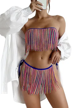 Женский комплект купальников из 2 предметов, бикини, бюстгальтер-бандо и бандажные трусы с кисточками, пляжная одежда, купальный костюм