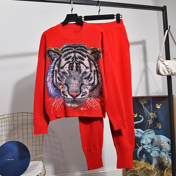 Женский повседневный вязаный спортивный костюм Ручной работы, свитер с тигровым принтом, длинные брюки, Наряды, женский красно-белый Серый Черный вязаный костюм