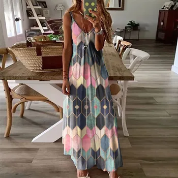 Женское летнее повседневное длинное платье-камзол с принтом Модное сексуальное платье Макси без рукавов Плюс размер Платье на ремешке Богемное Vestidos