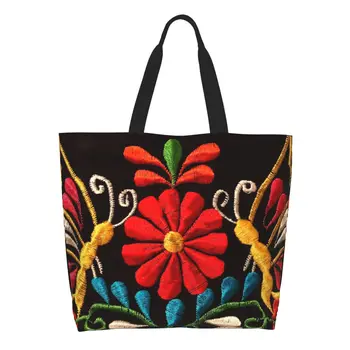 Забавная сумка для покупок с мексиканскими бабочками и цветочным узором, многоразовая сумка для покупок Otomi, холщовая сумка для покупок через плечо