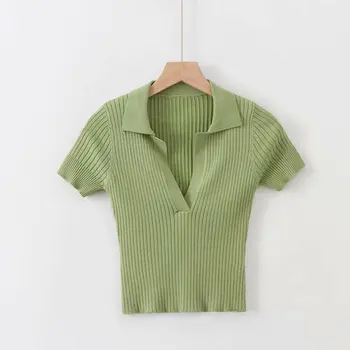 Зеленый свитер для девочек с коротким рукавом, Женский летний сексуальный вязаный топ с V-образным вырезом, пуловер, Милый полосатый трикотаж, Женский укороченный свитер