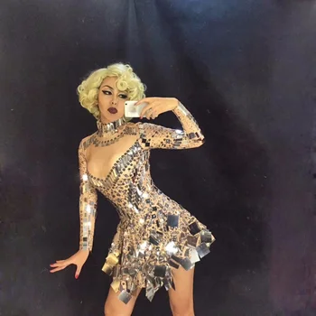 Зеркальное платье певицы сценическая одежда для танцев платье для шоу со стразами костюмы для вечеринок, боди с блестящими серебряными пайетками