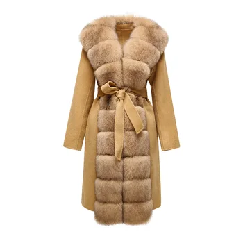 Зимнее кашемировое пальто Со съемным большим воротником Тренч из натурального лисьего меха Длинная верхняя одежда с поясом AX5097