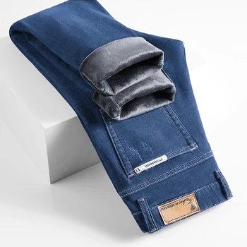 Зимние новые мужские теплые узкие джинсы Модная Корейская версия Джинсовых брюк из плотного флиса Мужские синие Черные брюки Брендовая одежда