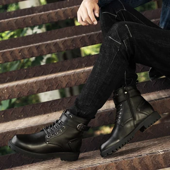 Зимние плюшевые военные повседневные ботинки из натуральной кожи, универсальные черные ботинки, мужская обувь, удобная теплая модная обувь для мужчин