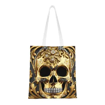 Изготовленные на заказ черепа в стиле барокко, 3D Ювелирные изделия, золотые украшения в стиле рококо, холщовая сумка с цветочным рисунком, женские многоразовые сумки для покупок в продуктовых магазинах