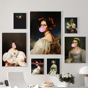 Измененный Винтажный портрет, Эклектичный принт, Картина на холсте с максимальным искусством, Женский Розовый пузырь, Сюрреалистичный плакат в стиле барокко, Домашний Декор стен