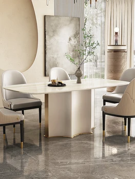 Итальянский светлый обеденный стол из роскошного мрамора в кремовом стиле, высококачественная комбинация прямоугольного обеденного стола и стула