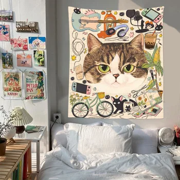 Кавайный милый кот, гобелен, декор для домашней комнаты, детский гобелен, висящий на стене, аниме, эстетические гобелены, настенный ковер, пляжное полотенце