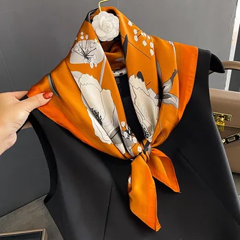 Квадратный шелковый шарф для женщин, модный атлас с цветочным принтом, дизайн 2023, Шейный платок, сумочка для рук, обертывания запястий, Женские шарфы, Шаль, платки