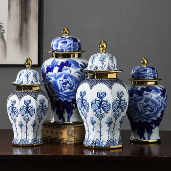 Китайский винтажный синий и белый фарфор, ваза для хранения, Фарфоровая банка для имбиря, Украшения ручной работы, Украшение дома