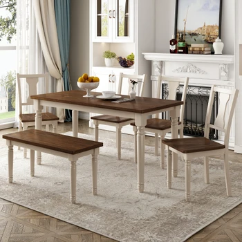 Классический Обеденный набор из 6 предметов, деревянный стол и 4 стула со Скамейкой для кухни-столовой (коричневый + Коттеджный Белый)