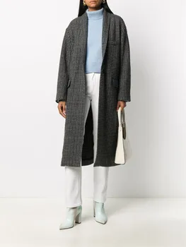 Клетчатая куртка средней длины Женская Шерстяная, 2 цвета, прямое пальто с длинным рукавом на одной пуговице, Новинка 2022 года, осень-зима
