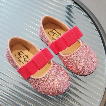 Кожаная обувь для девочек, модная обувь для маленьких девочек с блестками, мягкая подошва, детская обувь принцессы с бантом