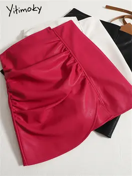 Кожаные юбки Yitimoky в складку для женщин, винтажные мини-юбки с высокой талией, Корейская мода, офисные женские однотонные юбки с подкладкой