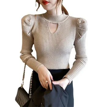 Корейская Мода Половина Водолазки Полые Вязаные Пуловеры для Женщин 2023 Новый Однотонный Свитер Многоцветный Низ Блузка ZY8001
