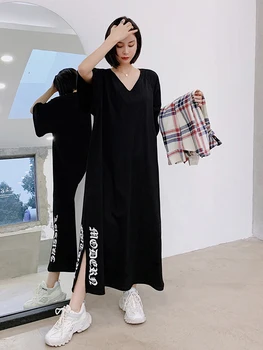 Корейское модное Женское платье с коротким рукавом, Vestidos, Повседневное, Свободное, Плюс Размер, Двойная пряжа, Гладкий хлопок, Черные Длинные платья для женщин 0