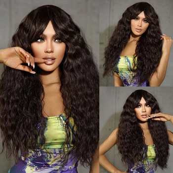Коричневые кудрявые Длинные волнистые синтетические парики для чернокожих женщин, натуральный парик с челкой, для ежедневных вечеринок, Термостойкие накладные волосы