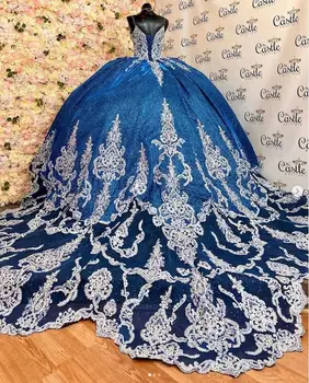 Королевско-Голубые Пышные Платья Принцессы Со Шлейфом в Соборе 2023, Расшитый Бисером Корсет С Аппликацией на шнуровке, vestidos de 15 años 2023
