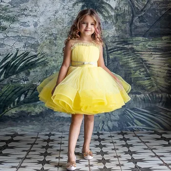 Короткое желтое тюлевое платье в цветочек для девочек длиной до колен, свадебное платье принцессы, платье для детского дня рождения, платье для выпускного вечера, сшитое на заказ