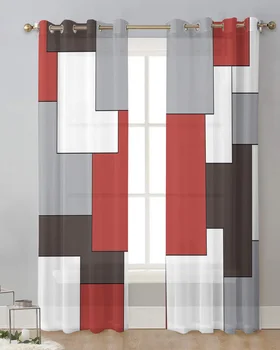 Красная Абстрактная Геометрическая занавеска середины века, Тюлевые занавески для гостиной, Обработка кухонных окон, Вуалевые занавески
