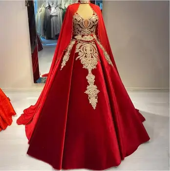 Красная бархатная пышная юбка, платья для выпускного вечера с накидкой 2023, Аппликация из золотого кружева, расшитого бисером, Арабский Кафтан, Албанское вечернее платье 0