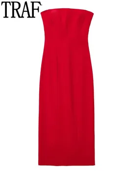 Красное корсетное платье TRAF, женские длинные платья с открытыми плечами, сексуальное облегающее платье без спинки, 2023, миди, вечерние платья для вечеринок