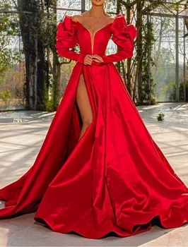 Красные модные женские вечерние платья для выпускного вечера с V-образным вырезом, длинным рукавом с открытыми плечами, высоким разрезом до пола, 2023