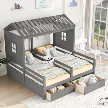 Кровати-платформы для дома Twin Size с двумя выдвижными ящиками для мальчика и девочки, общие кровати\  Комбинация из 2-х односпальных кроватей рядом Друг с другом