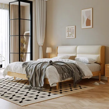 Кровать из массива дерева 1,8 м тканевая технология soft bag тканевая кровать главная спальня скандинавская простая двуспальная кровать 1,5 м Японский стиль бревенчатый стиль