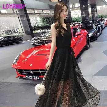 Кружевное женское платье весна/лето 2023, новая корейская версия черного цвета с V-образным вырезом, тонкая талия, тонкое длинное.