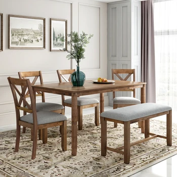 Кухонный обеденный стол из 6 предметов, Деревянный прямоугольный обеденный стол, 4 тканевых стула и скамейка Семейная мебель