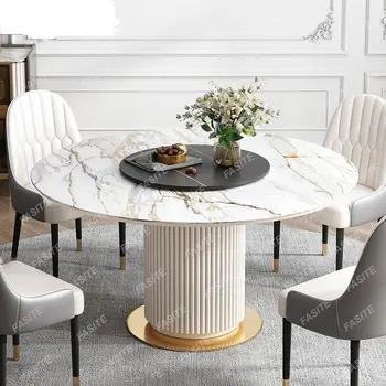 Легкая роскошная каменная доска, римская колонна, круглый обеденный стол, домашнее ощущение тихого ветра, размер обеденного стола, семейный тип