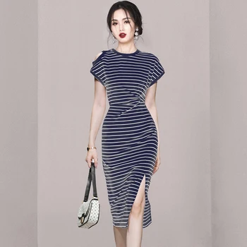 Летнее Корейское модное тонкое платье-карандаш, женские облегающие офисные платья в полоску, повседневные вечерние платья, Vestidos