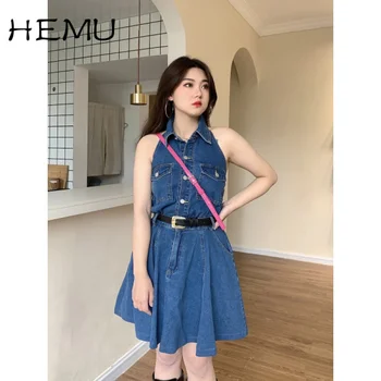 Летнее джинсовое платье без рукавов в корейском стиле Hemu, женское ретро-платье средней длины для похудения, новое короткое мини-платье 2021 года 0