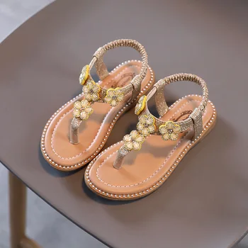 Летние Новые сандалии для девочек Детские флип-флоп с цветочными украшениями и кристаллами Детская уличная обувь для маленьких принцесс Сандалии на мягкой подошве 0
