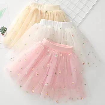 Летние детские юбки для девочек Модные сетчатые юбки-пачки принцессы с цветочной вышивкой, сетчатые юбки для девочек, Детская кружевная одежда