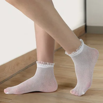 Летние женские носки, Новые модные сетчатые носки с вырезами для женщин, Сексуальный кружевной носок в сеточку с оборками, Черно-белая женщина