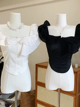 Летние женские топы во французском ленивом стиле, Классическая рубашка, Дизайнерская блузка с квадратным воротником Mori Girl, Эстетическая Винтажная мода Tide