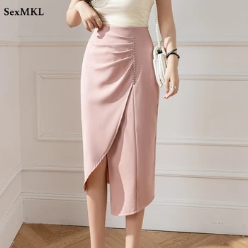 Летние юбки средней Длины Женские 2023 Элегантная Мода с высокой талией Faldas Mujer Офисная юбка в корейском стиле, расшитая бисером, облегающая Розово-черная юбка 0