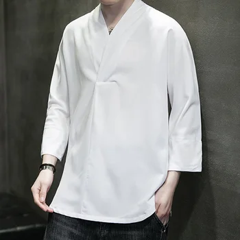 Летний Новый Корейский модный пуловер с V образным вырезом и рукавами 3/4 Мужские рубашки Черный Белый
