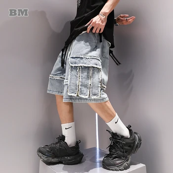 Летняя Корейская уличная одежда в стиле хип-хоп, контрастные джинсовые шорты, мужская одежда, Японские повседневные джинсы Harajuku, модные брюки Kpop, мужские брюки.
