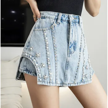 Летняя джинсовая юбка с бисером и бриллиантами, женские кюлоты, сексуальные асимметричные короткие юбки, женские модные трендовые юбки