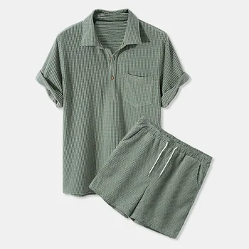 Летняя мужская повседневная Свободная клетчатая рубашка с коротким рукавом, однотонный комплект шорт